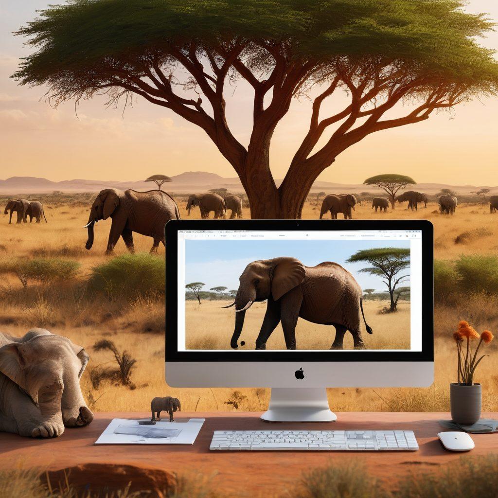 A team of diverse designers and developers collaborating passionately on a digital interface that transforms into a stunning Serengeti landscape teeming with wildlife and nature. A blend of sleek wireframes morphing into vibrant, high-tech web designs and development codes intertwining with images of majestic elephants, lions, and acacia trees. super-realistic. vibrant colors. dynamic and engaging.