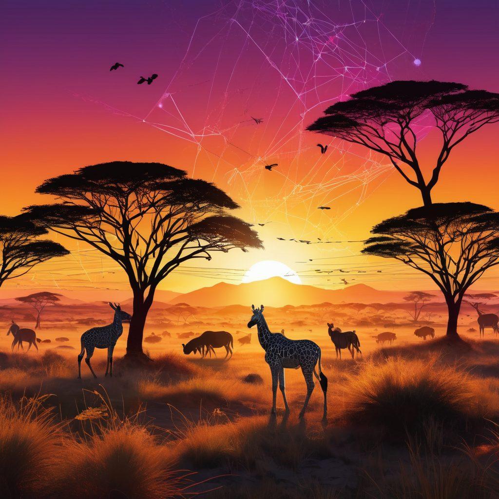 Digital landscape of a vast Serengeti transformed into a web network, showing animals interacting with floating website elements like coding lines, colorful design palettes, and intricate web frameworks. The horizon is glowing with the sunrise symbolizing new opportunities. Immersive, educational, and futuristic. vector art. vibrant colors.